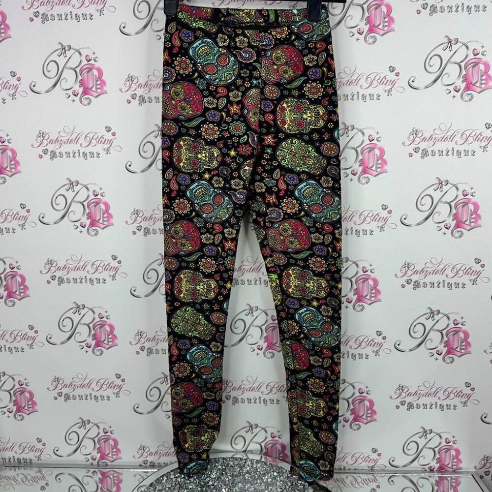 Just cozy pants skulls day of the dead Colorful Patterned fleece lined Leggings